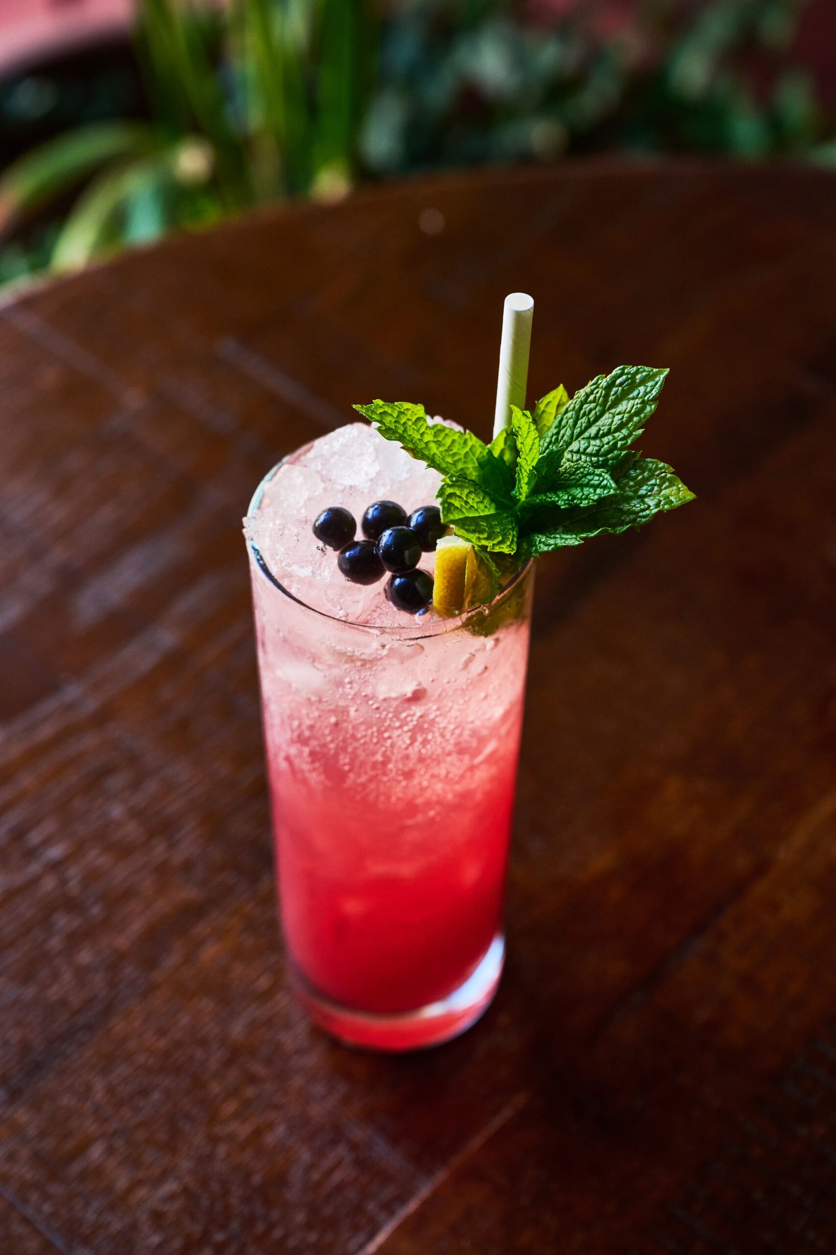 A tall glass of pink-red iced drink garnished with black berries, a sprig of fresh mint, and a lemon twist, served on a wooden table.