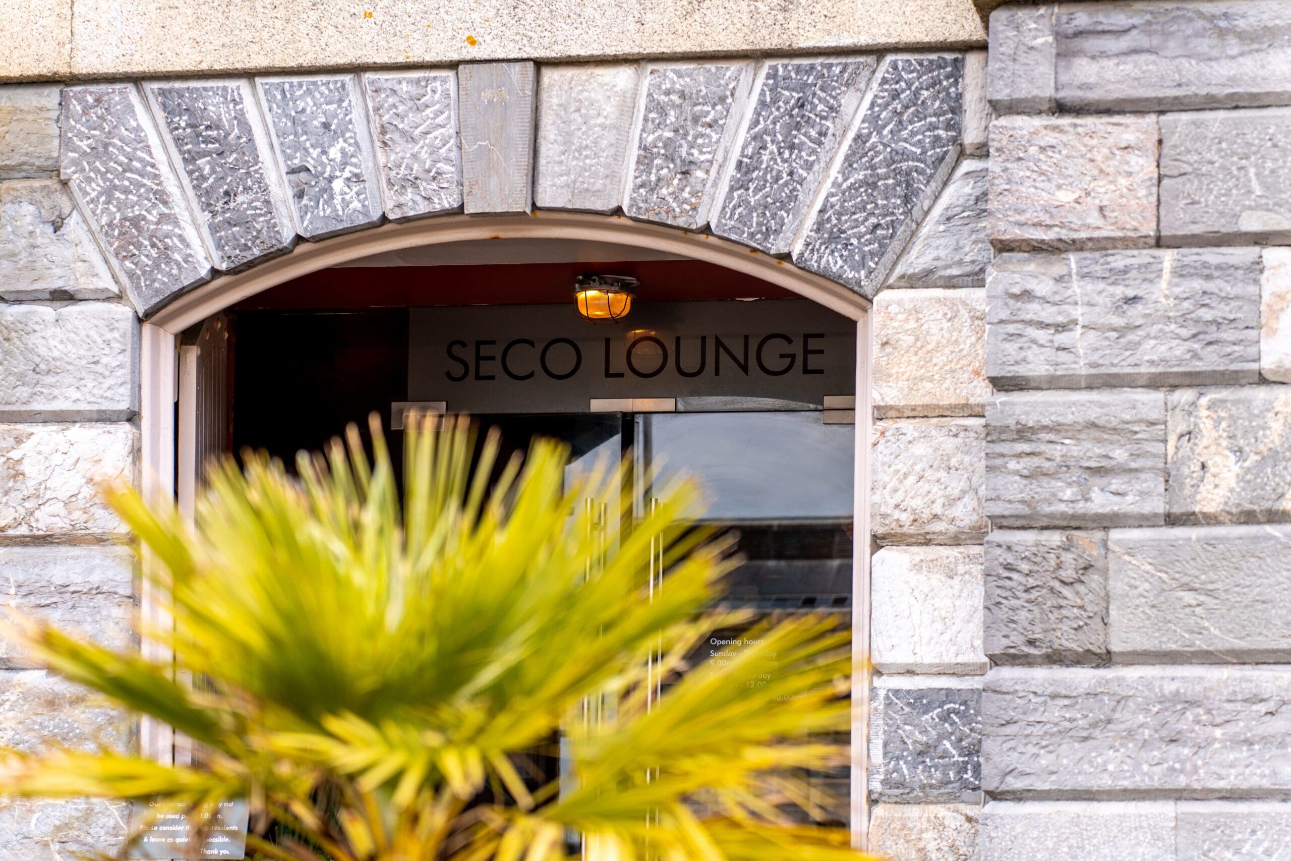 A stone building with an arched entrance reading "SECO LOUNGE" above the door. In the foreground, a palm plant partly hides the Seco lounge's inviting entryway.